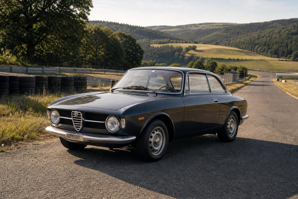 1970-es Alfa Romeo Giulia GT 1300 Junior egy vidéki versenypálya mellett