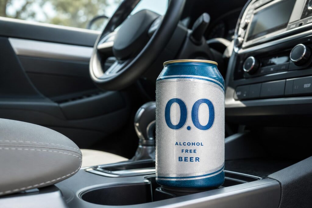 Alkoholmentes sör vezetés előtt egy parkoló autó középkonzolján, a címke jól látható részletével