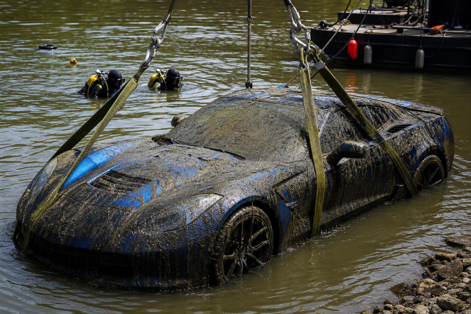 Folyóból kiemelt fekete-kék Corvette Grand Sport
