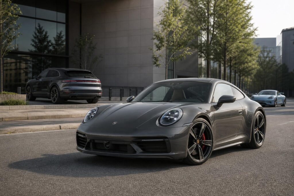 Porsche 911 egy városi úton, háttérben a márka más modelljeivel