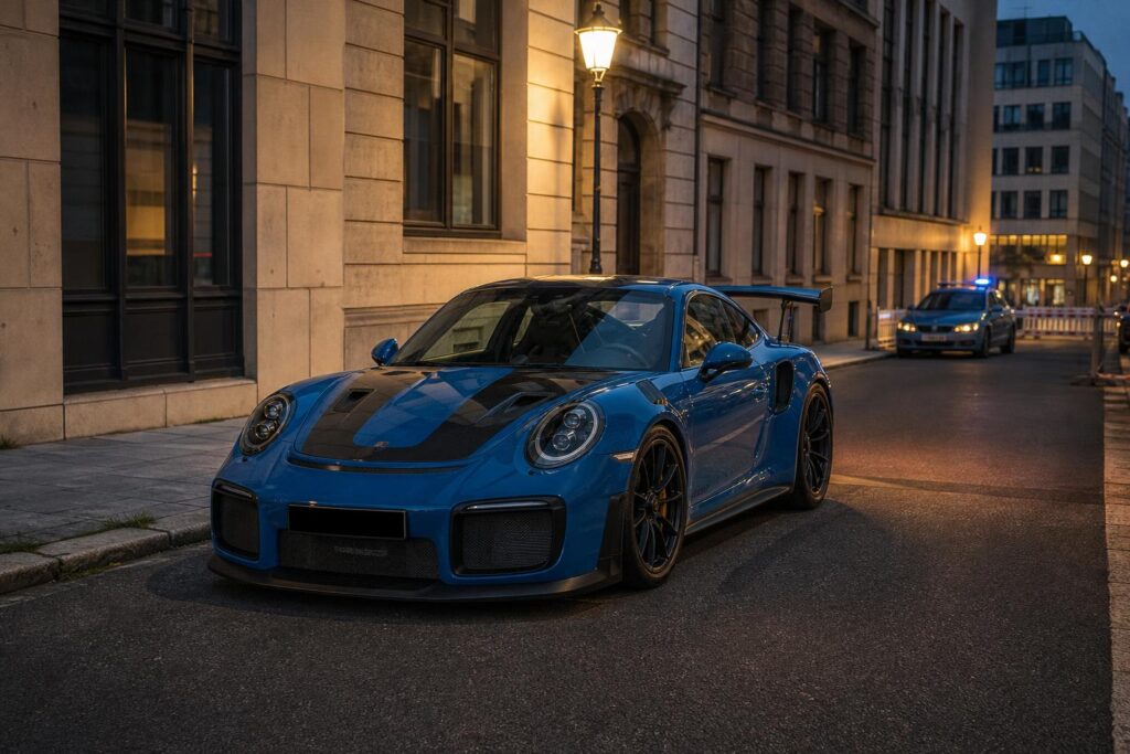 Shark Blue Porsche 911 GT3 fekete részletekkel egy németországi utcán