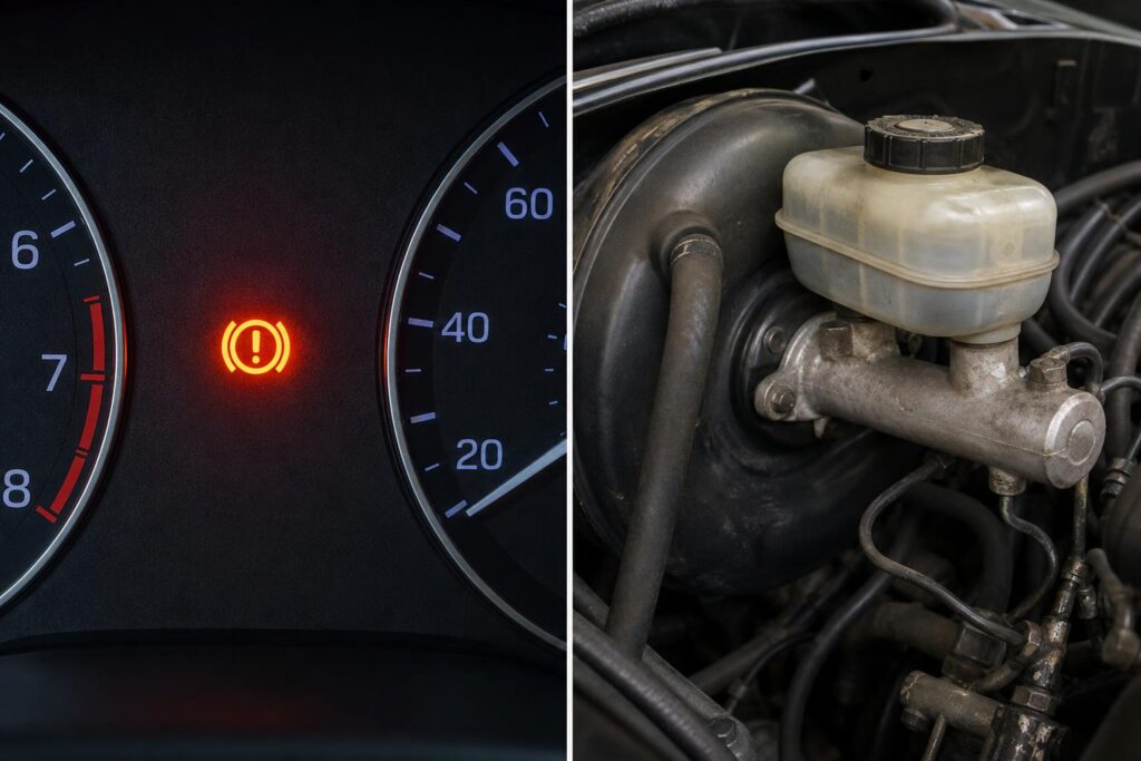 Autó motorterében látható fékrásegítő, főfékhenger és vákuumcső melegedésre utaló nyomokkal
