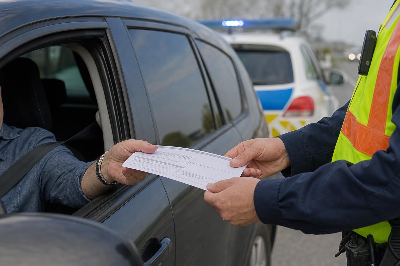 Rendőri intézkedés közben átadott helyszíni bírság dokumentuma egy megállított autó mellett