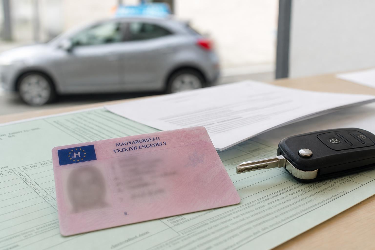 Magyar vezetői engedély és új vizsgához kapcsolódó hivatalos iratok autókulccsal