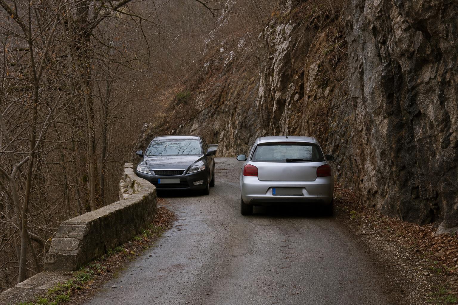 Keskeny hegyi úton szembetalálkozás két autóval és egy közeli kitérőhellyel