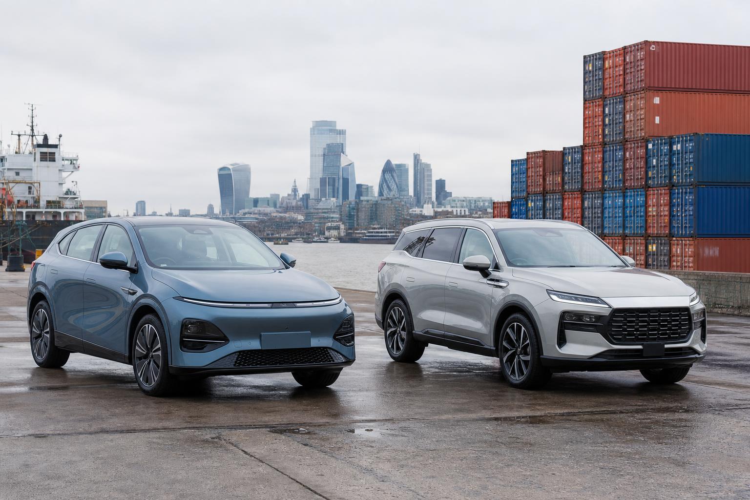 Kínai elektromos és hibrid autók egy brit kikötő közelében