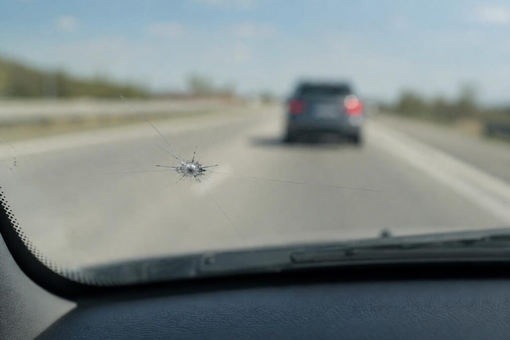 Kőfelverődés miatt megrepedt autó-szélvédő, a háttérben elmosódó másik járművel