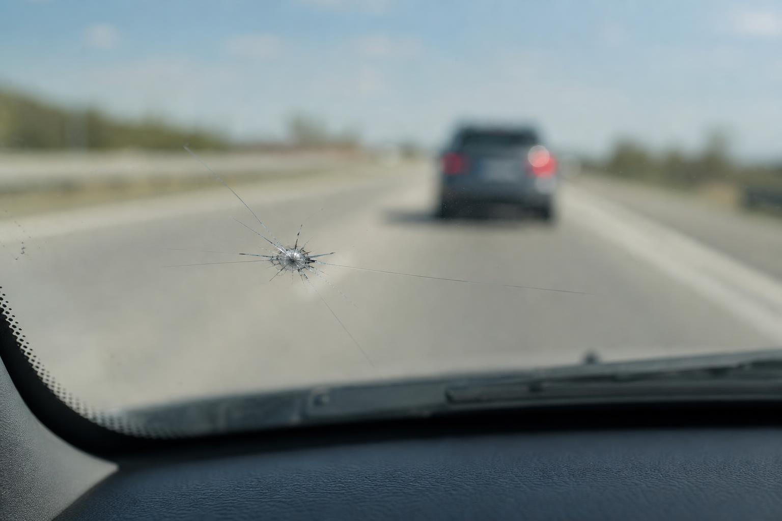 Kőfelverődés miatt megrepedt autó-szélvédő, a háttérben elmosódó másik járművel