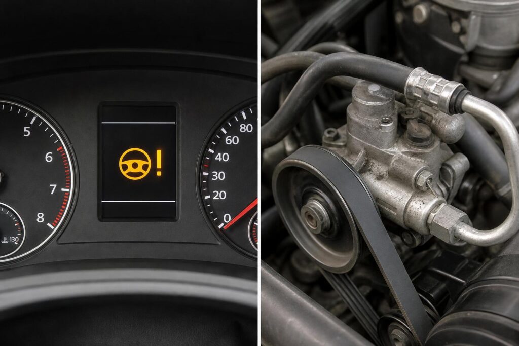 Autó motorterében látható szervokormány-szivattyú, ékszíj és hidraulikus vezetékek közeli képe