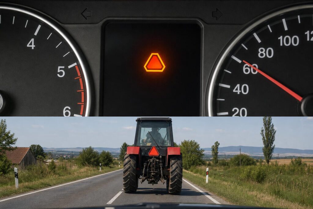 Lassú jármű jelzés egy traktor hátulján országúti forgalomban, biztonságos követési távolságból nézve