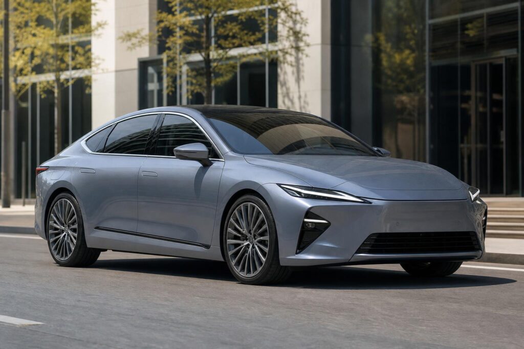 A Lexus ES 350e elektromos limuzin háromnegyedes nézetből