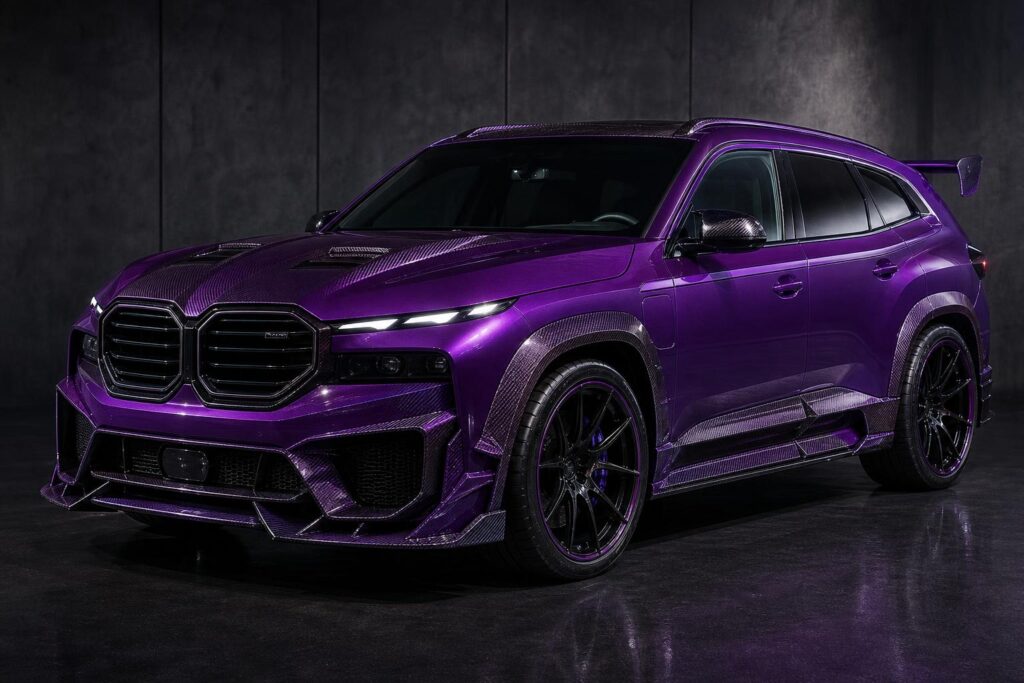 Lila karbon karosszériakészlettel és nagy hátsó szárnnyal ábrázolt BMW XM