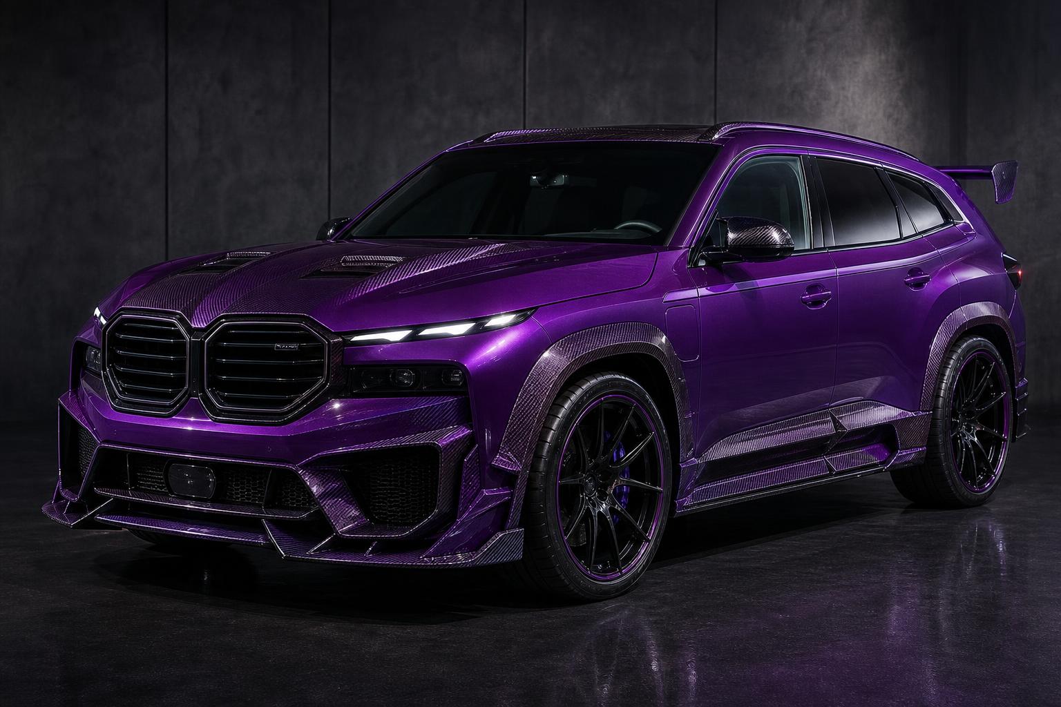 Lila karbon karosszériakészlettel és nagy hátsó szárnnyal ábrázolt BMW XM