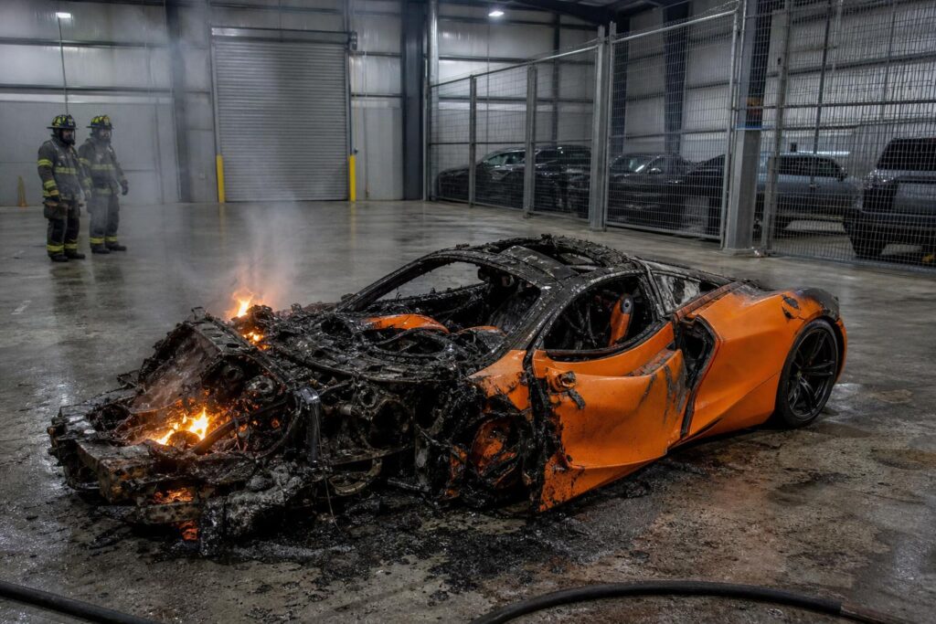 Kiégett McLaren 720S roncs egy őrzött járműtárolóban