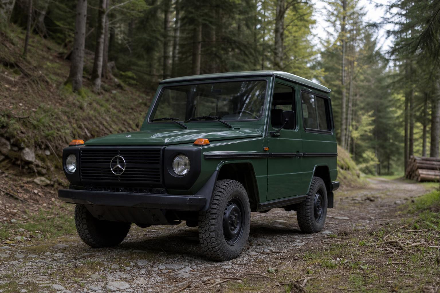Sötétzöld, 1982-es Mercedes 300 GD erdei földúton