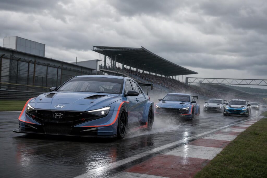 Hyundai túraautók esős versenyen Csöcsiangban
