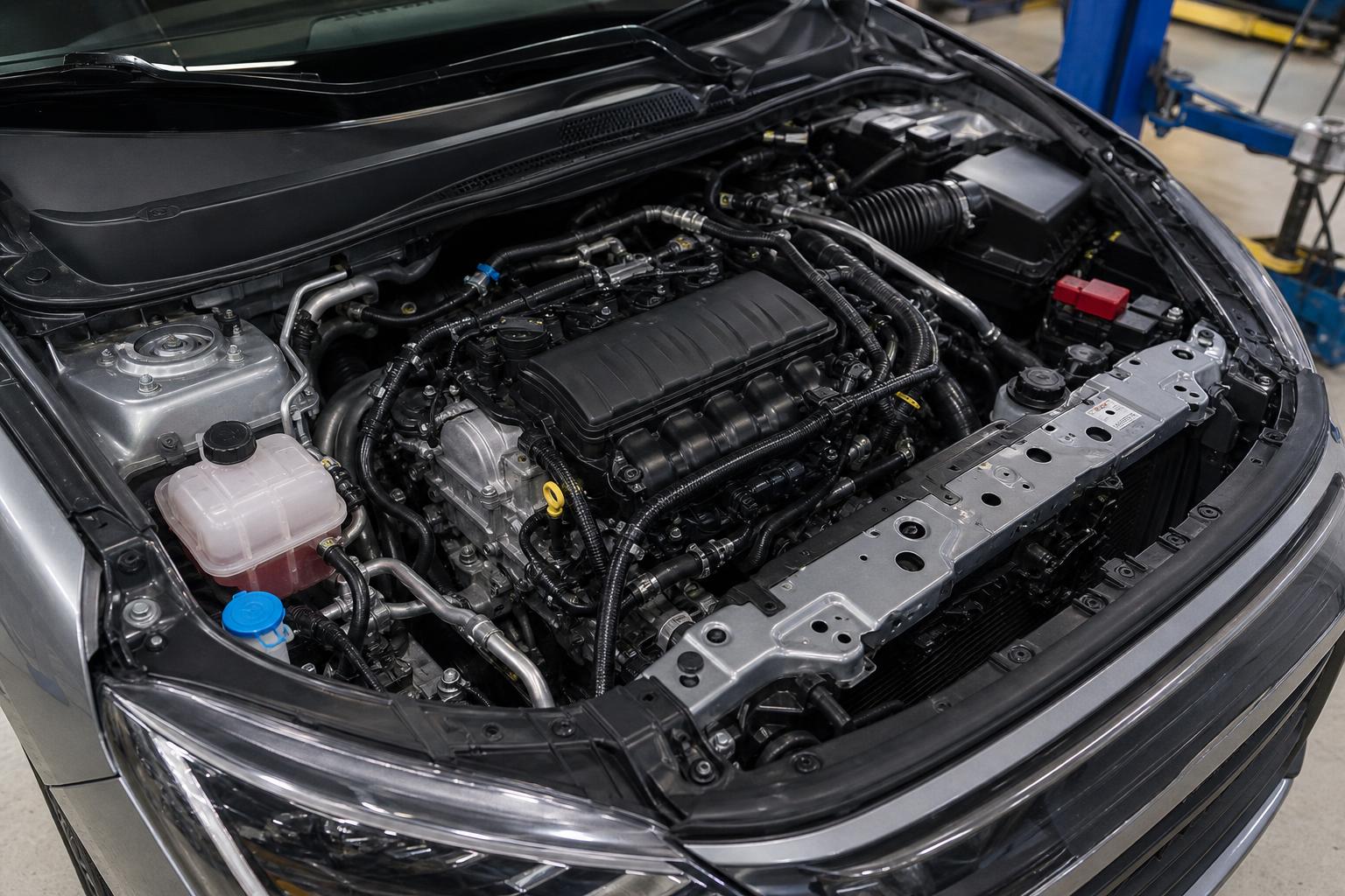 Beépítésre váró motor egy autó motorterében, azonosítható műszaki részletekkel