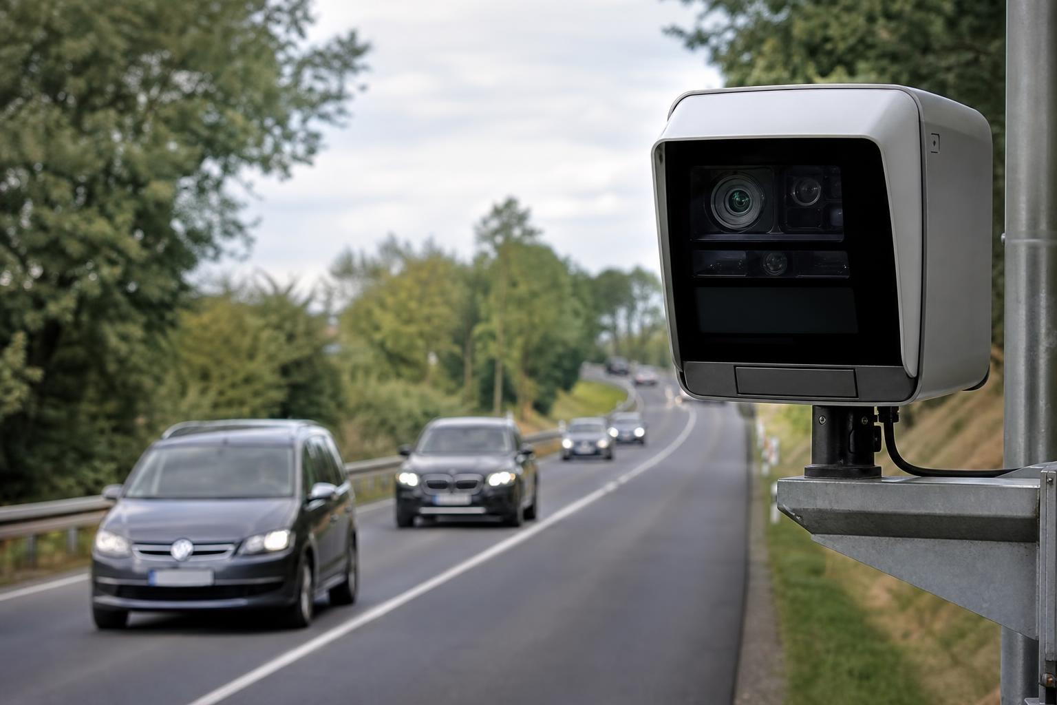 Modern közúti ellenőrző kamera elhaladó autókat figyel egy európai úton