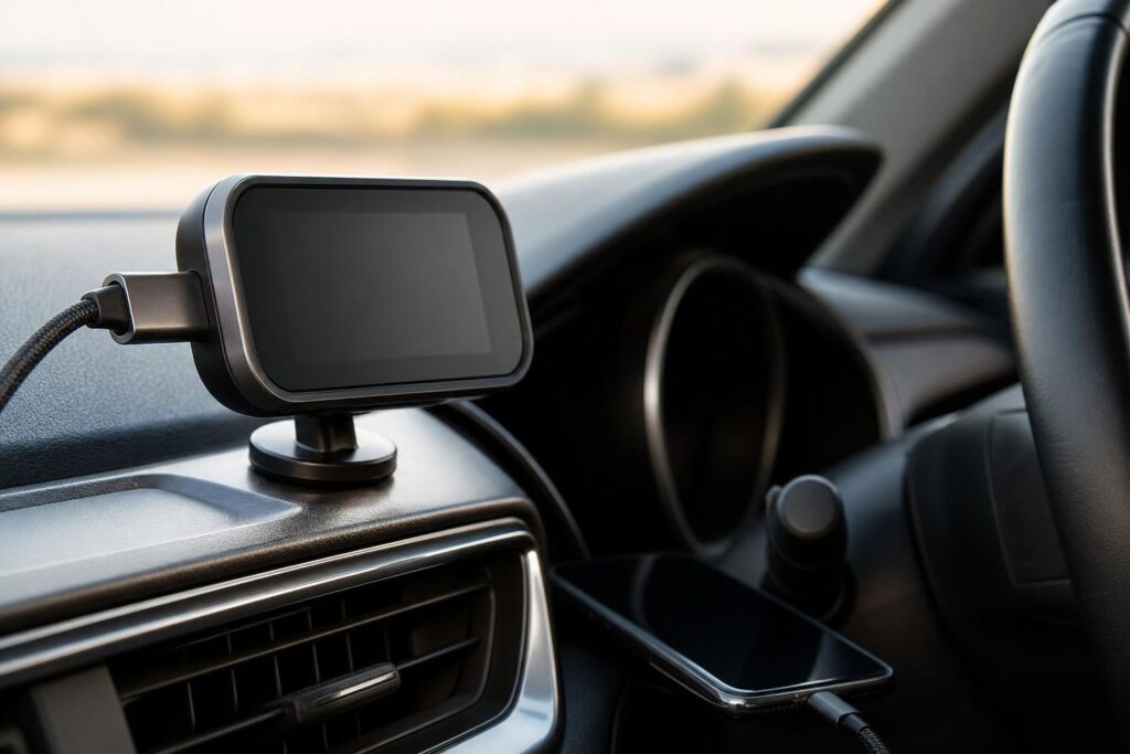 Az Ooono Co-Driver No3 kijelzővel egy autó műszerfalán