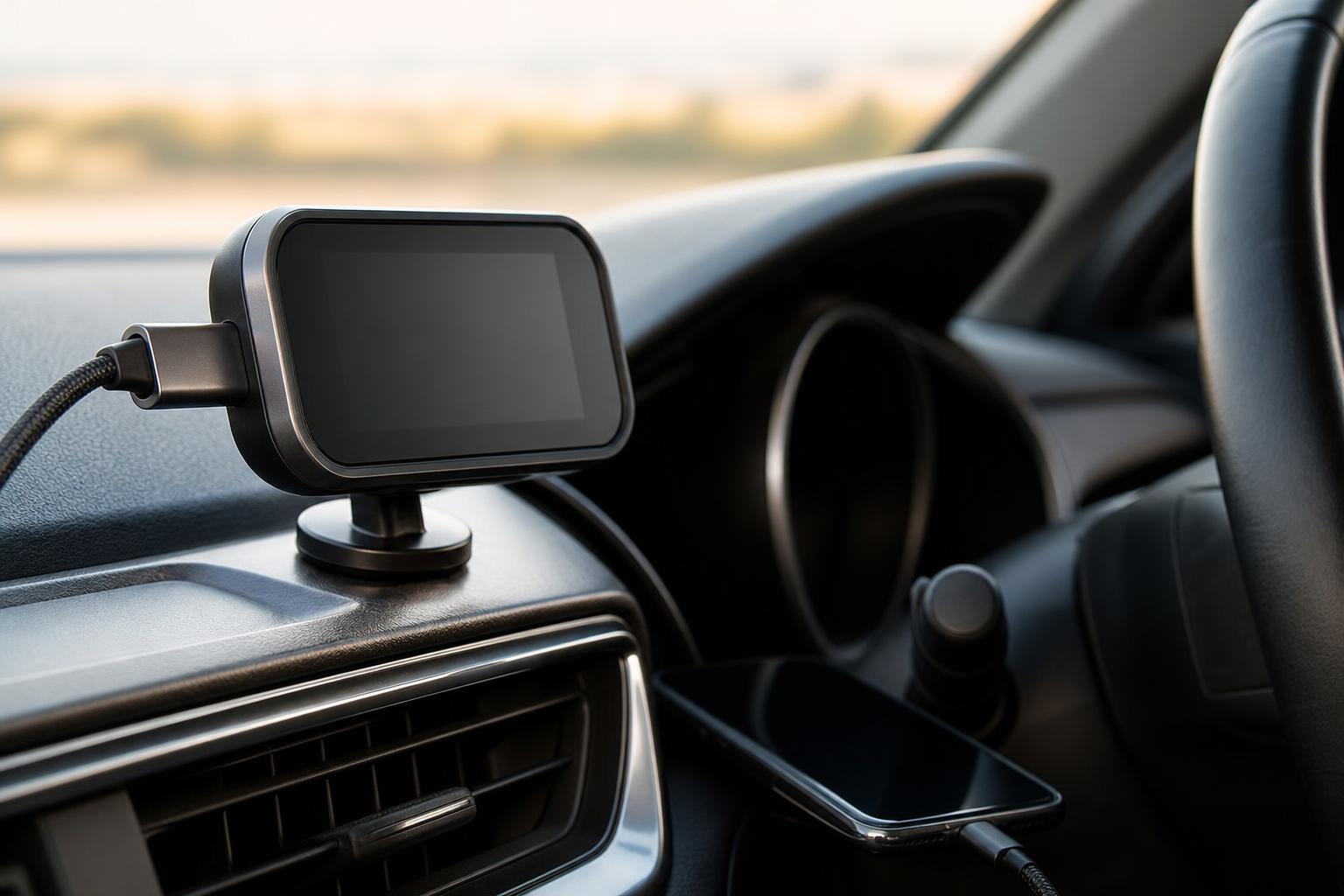 Az Ooono Co-Driver No3 kijelzővel egy autó műszerfalán
