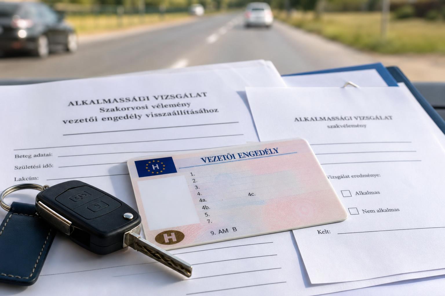 Jogosítvány és a PÁV-vizsgálathoz kapcsolódó hivatalos dokumentumok autókulccsal