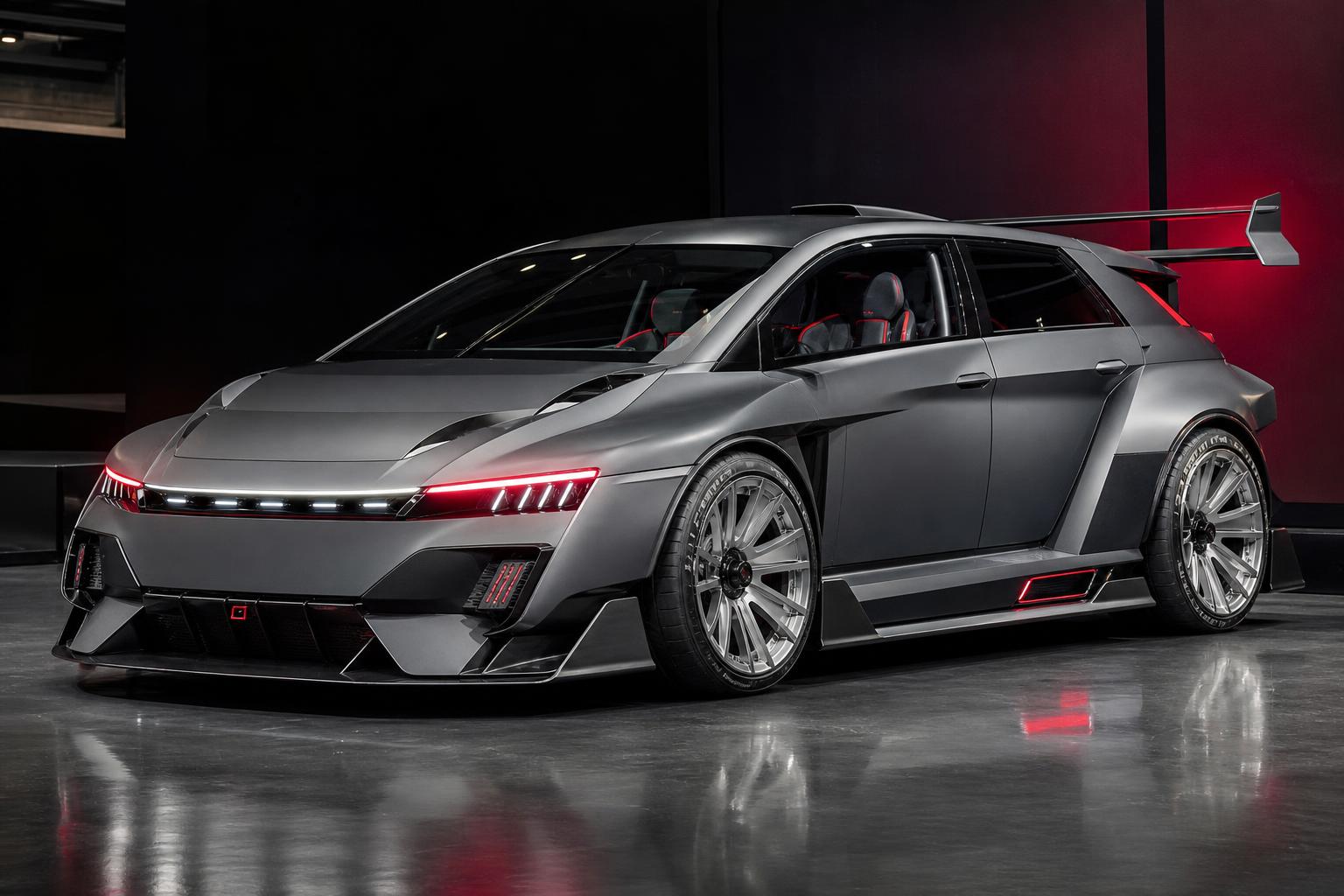 A Peugeot E-T16 elektromos tanulmányautó raliautós karosszériával és hatalmas hátsó szárnnyal