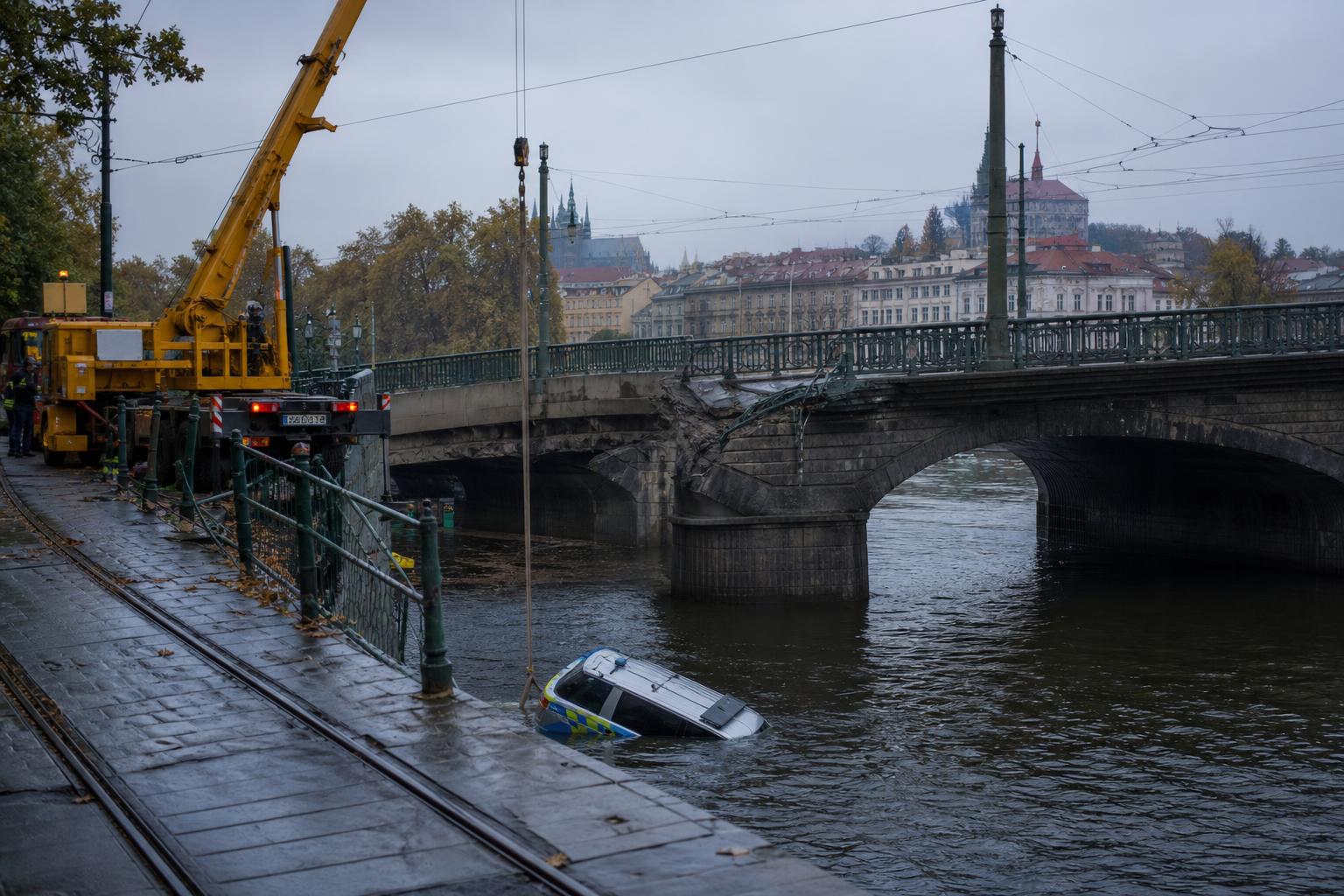 A Moldva folyóba zuhant rendőrautó mentése Prágában