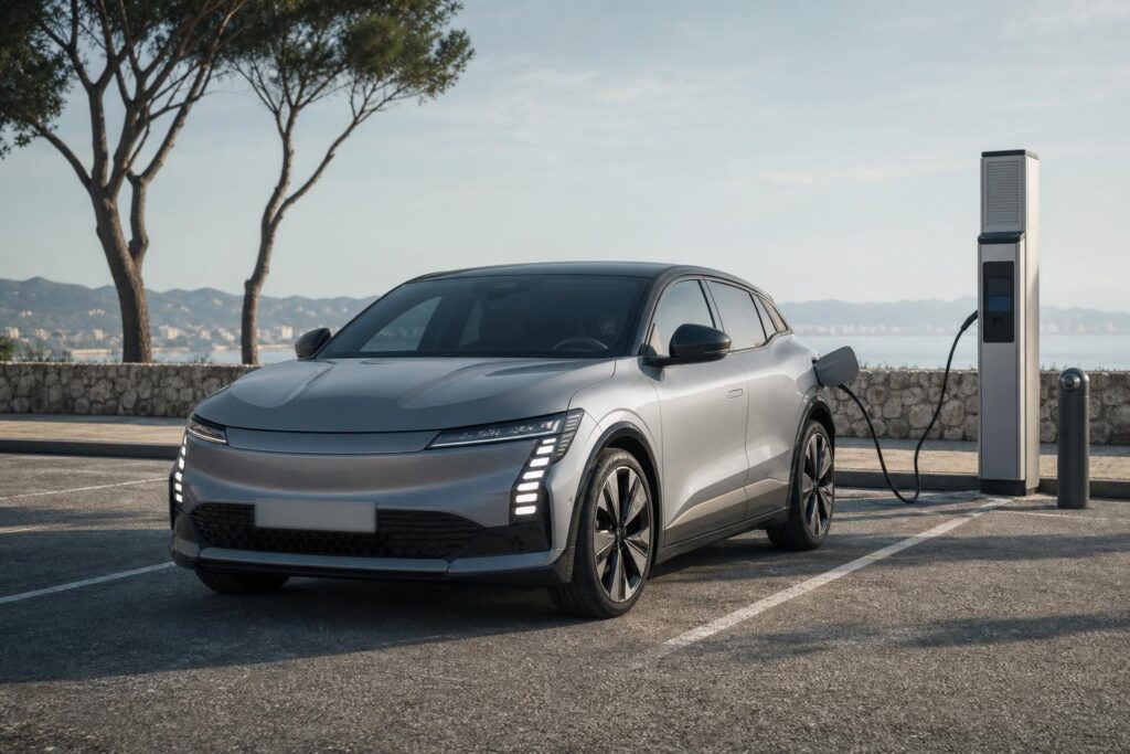 Frissített Renault Megane Electric elektromos autó töltőállomáson