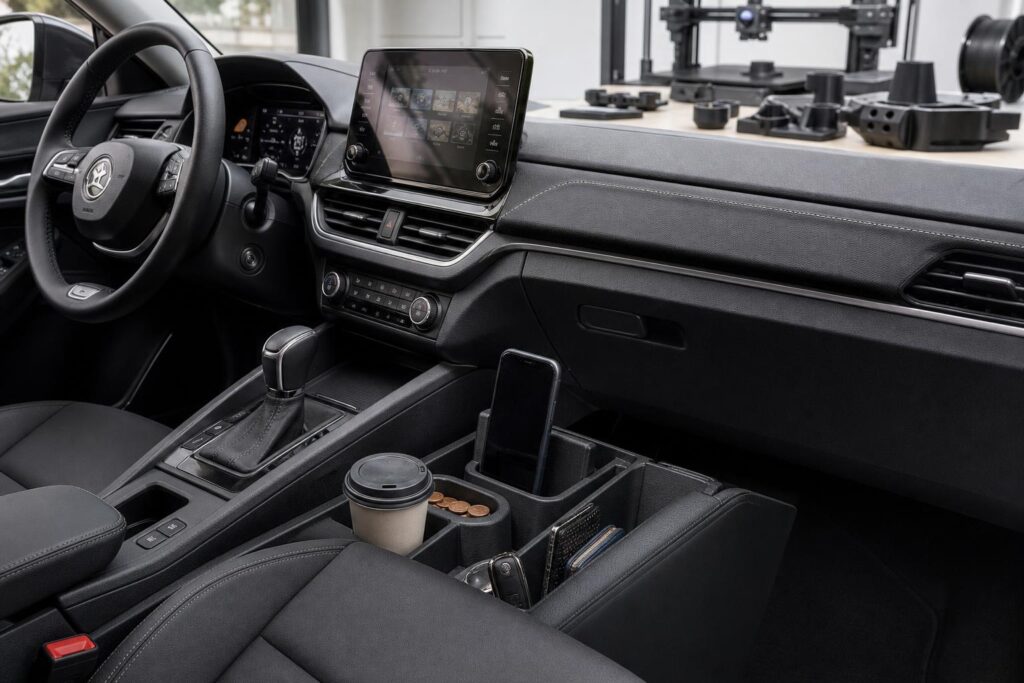 3D-nyomtatott Skoda utastéri kiegészítők a középkonzolon