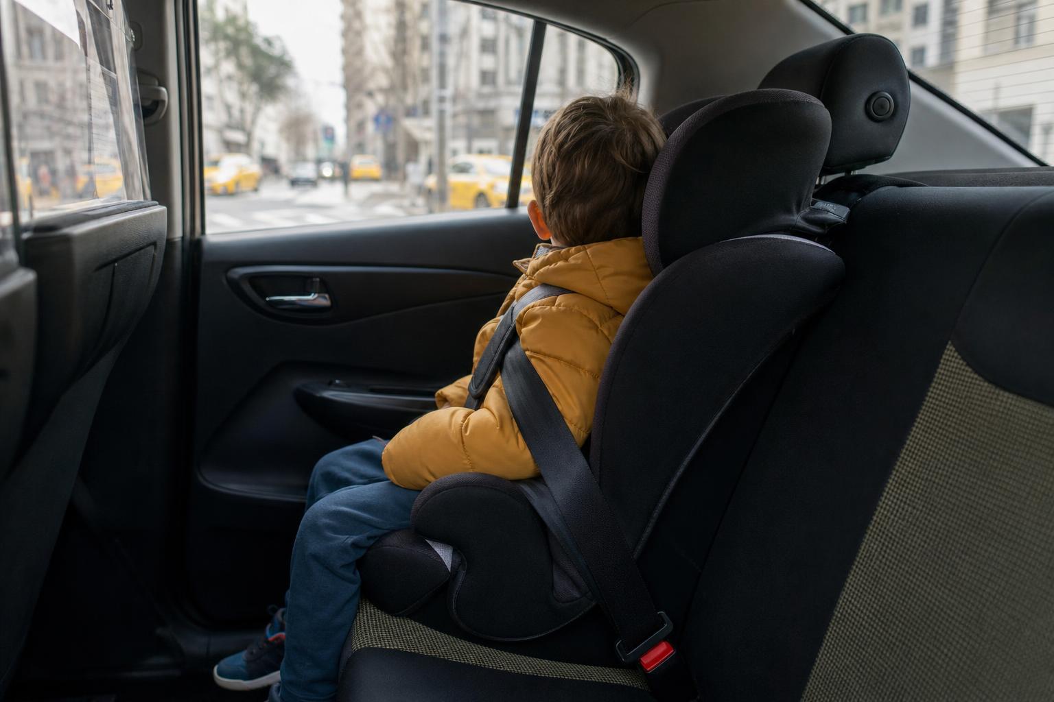 Gyermekülésben biztonságosan bekötött gyermek egy taxi hátsó ülésén