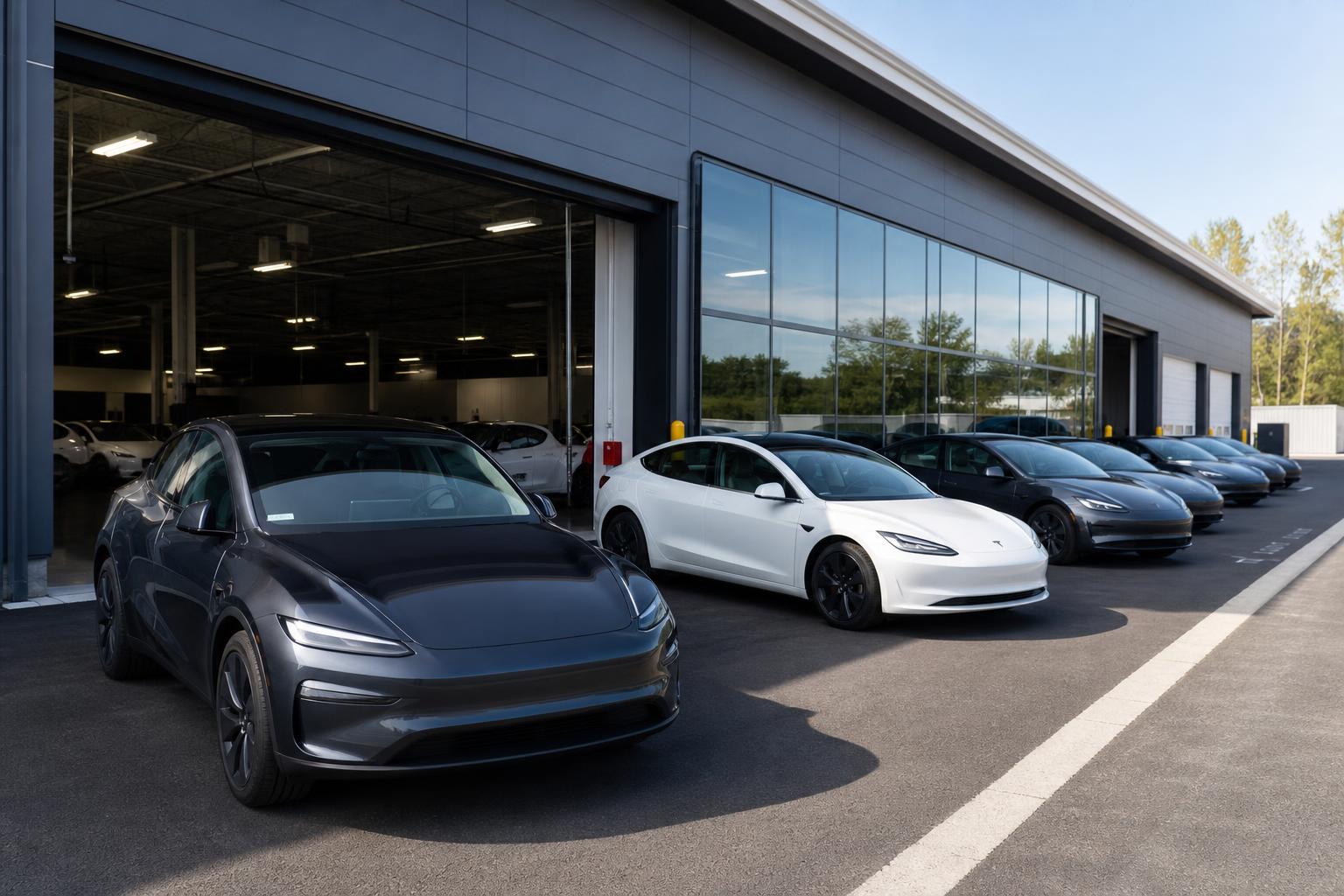 Tesla elektromos autók átadásra várnak egy modern kiszállítási központban