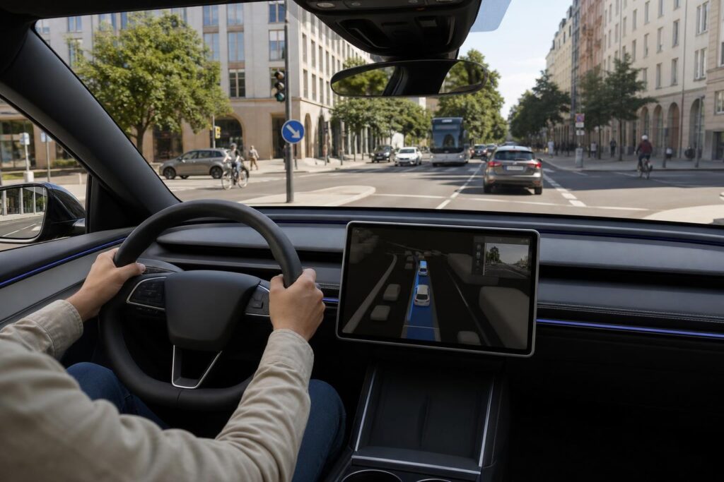 Tesla elektromos autó vezetéstámogató rendszerrel európai városi úton
