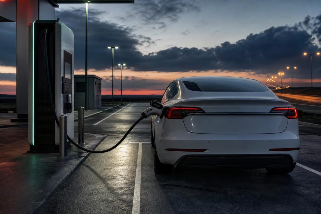 Tesla elektromos autó csatlakoztatott Supercharger-kábellel vészhelyzeti környezetben