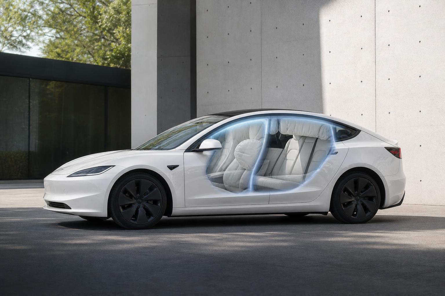 Tesla Model 3 oldalnézeti illusztrációja az oldallégzsák szoftverfrissítéséhez