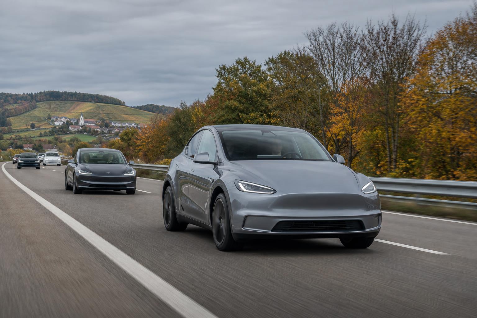 Tesla Model Y európai országúton, elektromos autóként ábrázolva