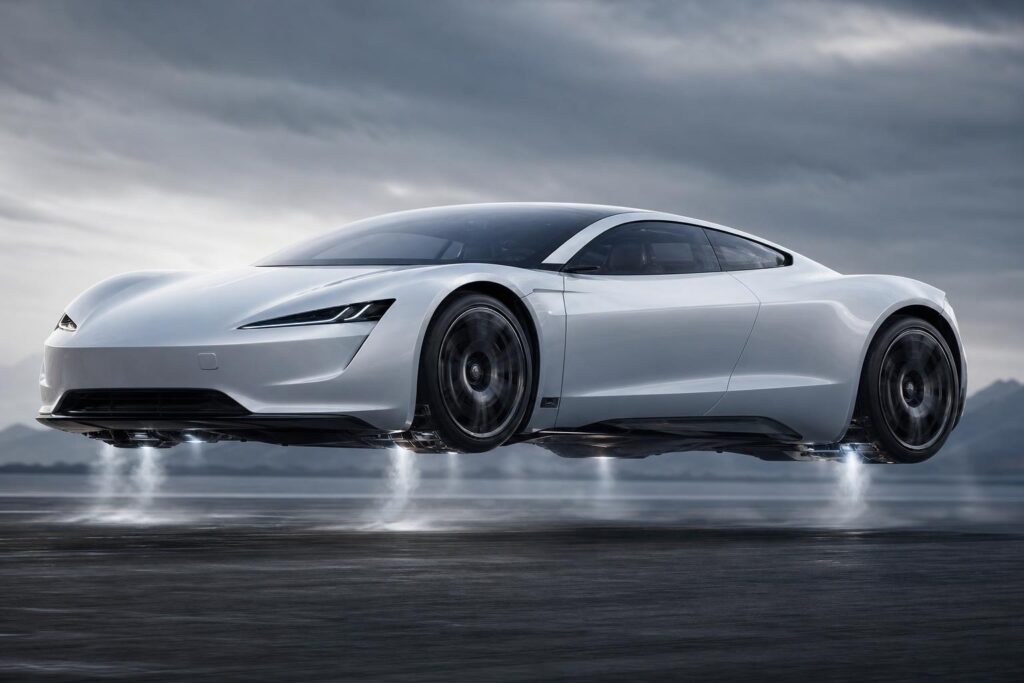 A futurisztikus Tesla Roadster lebegés közben egy tesztpályán