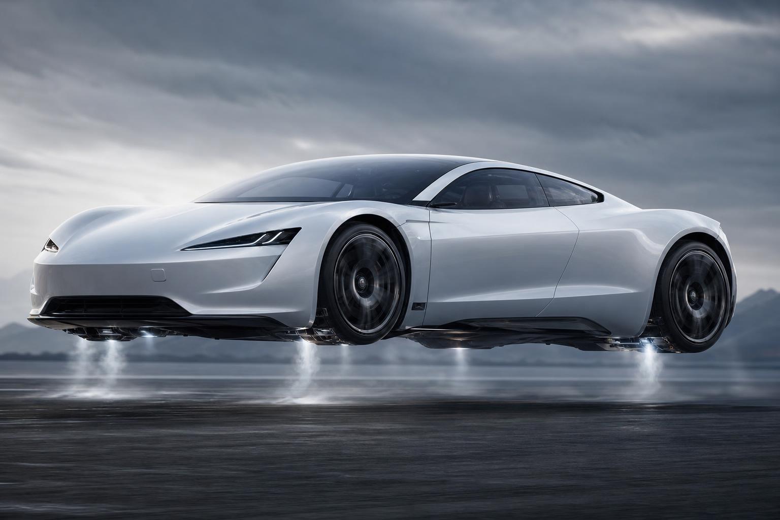 A futurisztikus Tesla Roadster lebegés közben egy tesztpályán
