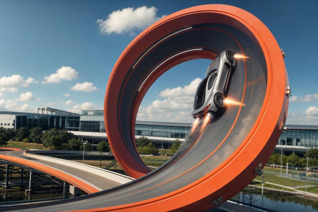 Futurisztikus elektromos sportautó egy óriási hurkos tesztpályán
