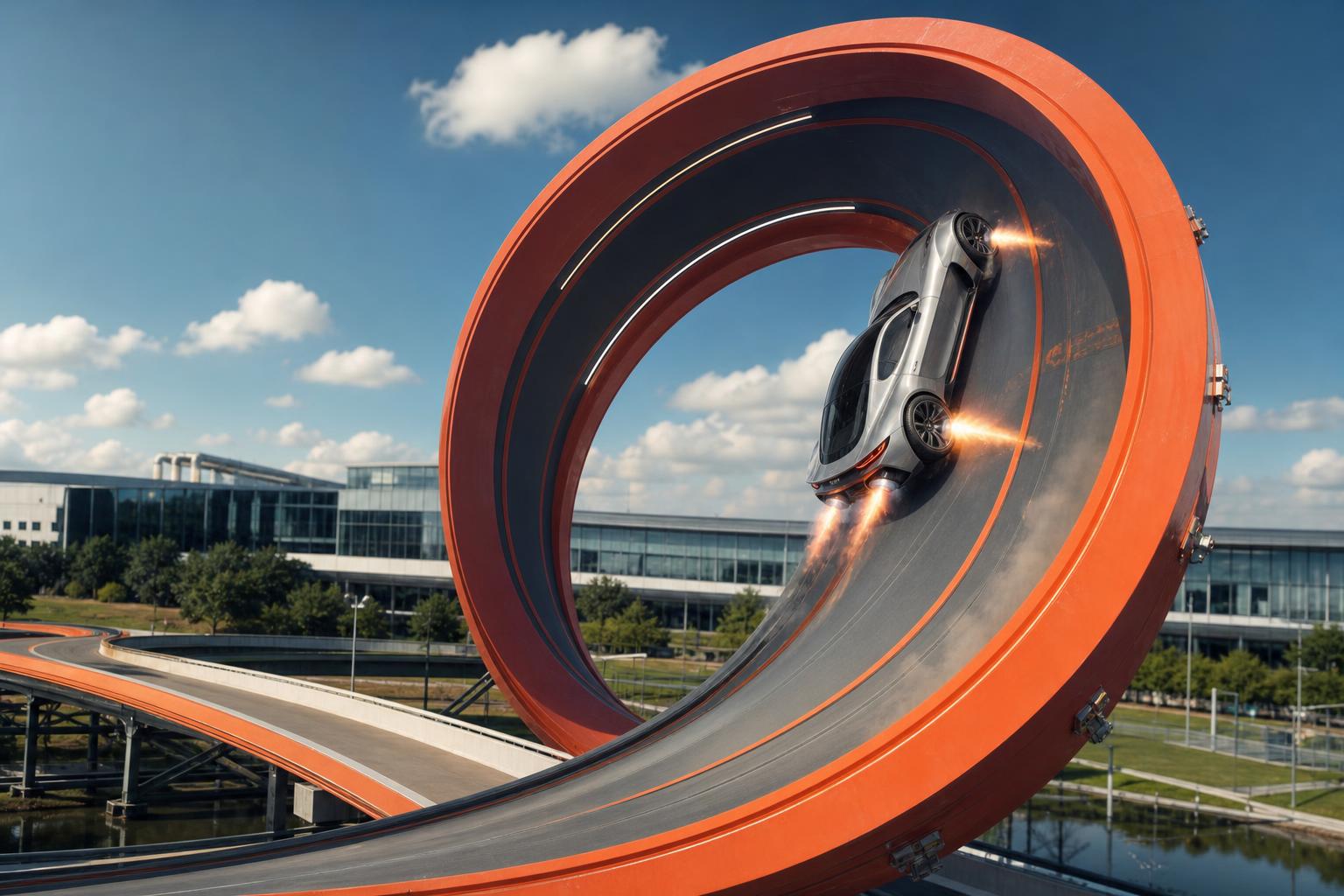 Futurisztikus elektromos sportautó egy óriási hurkos tesztpályán