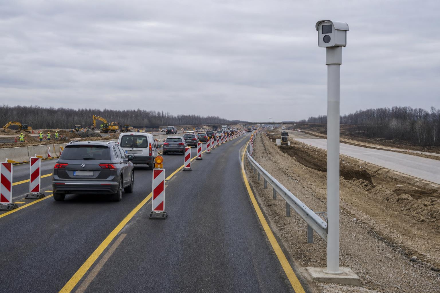 Új sebességmérő az M1-es autópálya építési terelésénél