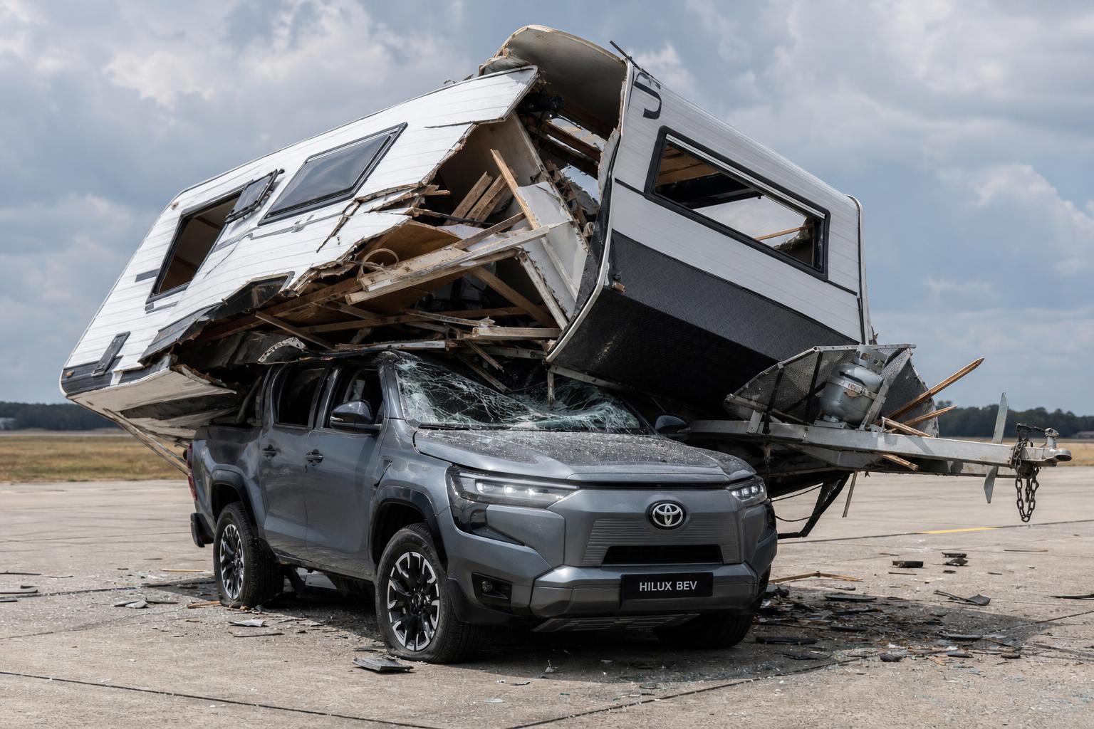 Sérült Toyota Hilux BEV egy összeroppant lakókocsi alatt