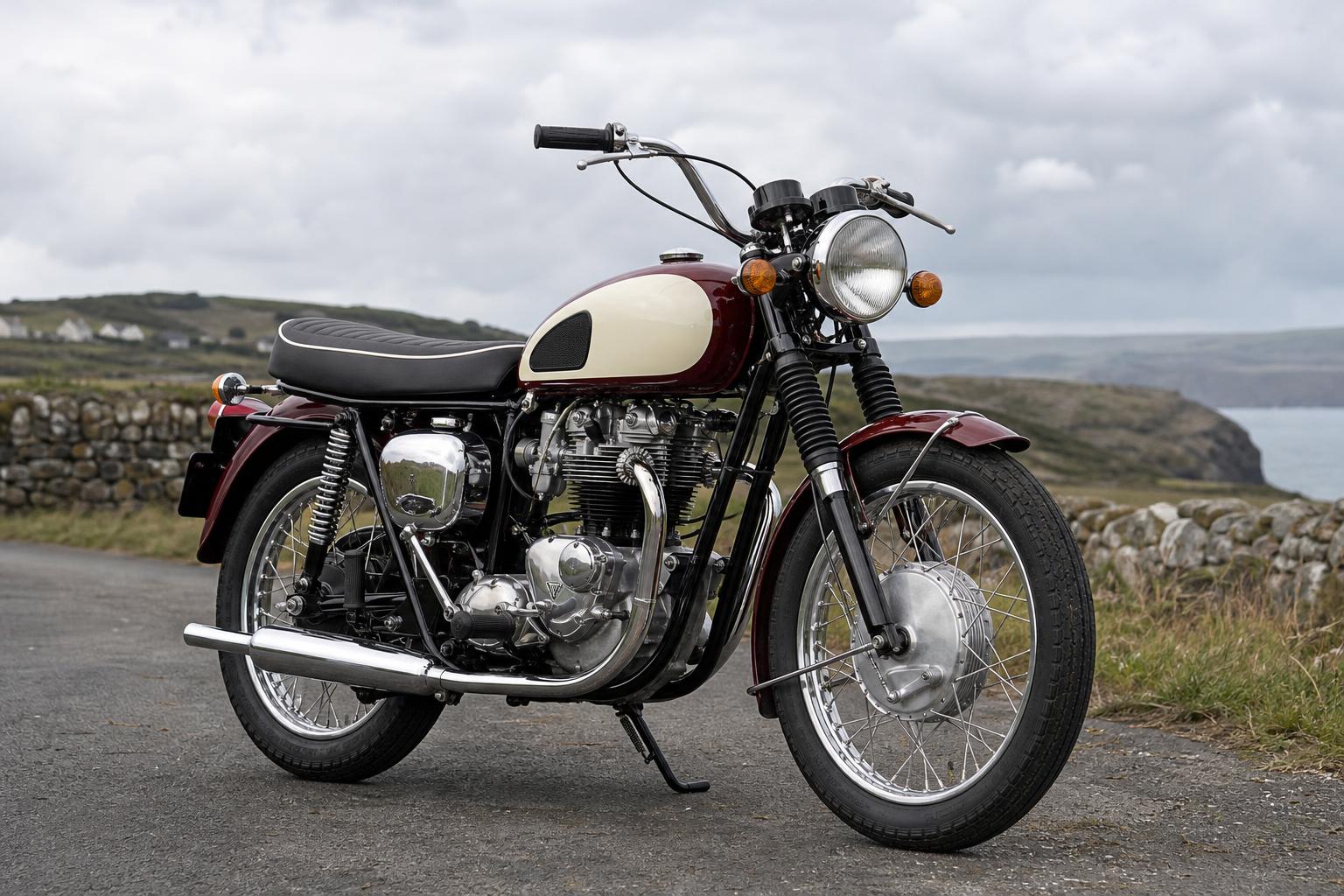 Klasszikus stílusú Triumph Bonneville T40 motorkerékpár vidéki úton
