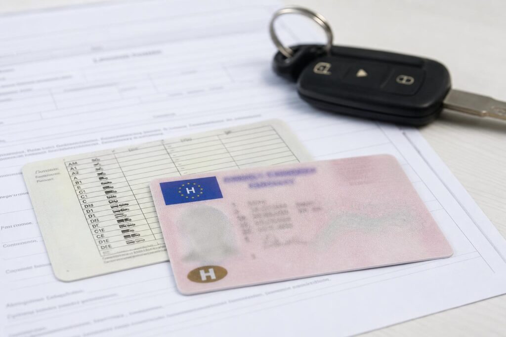 Vezetői engedély és közlekedési határozat autókulcs mellett, az utánképzés témájához kapcsolódóan