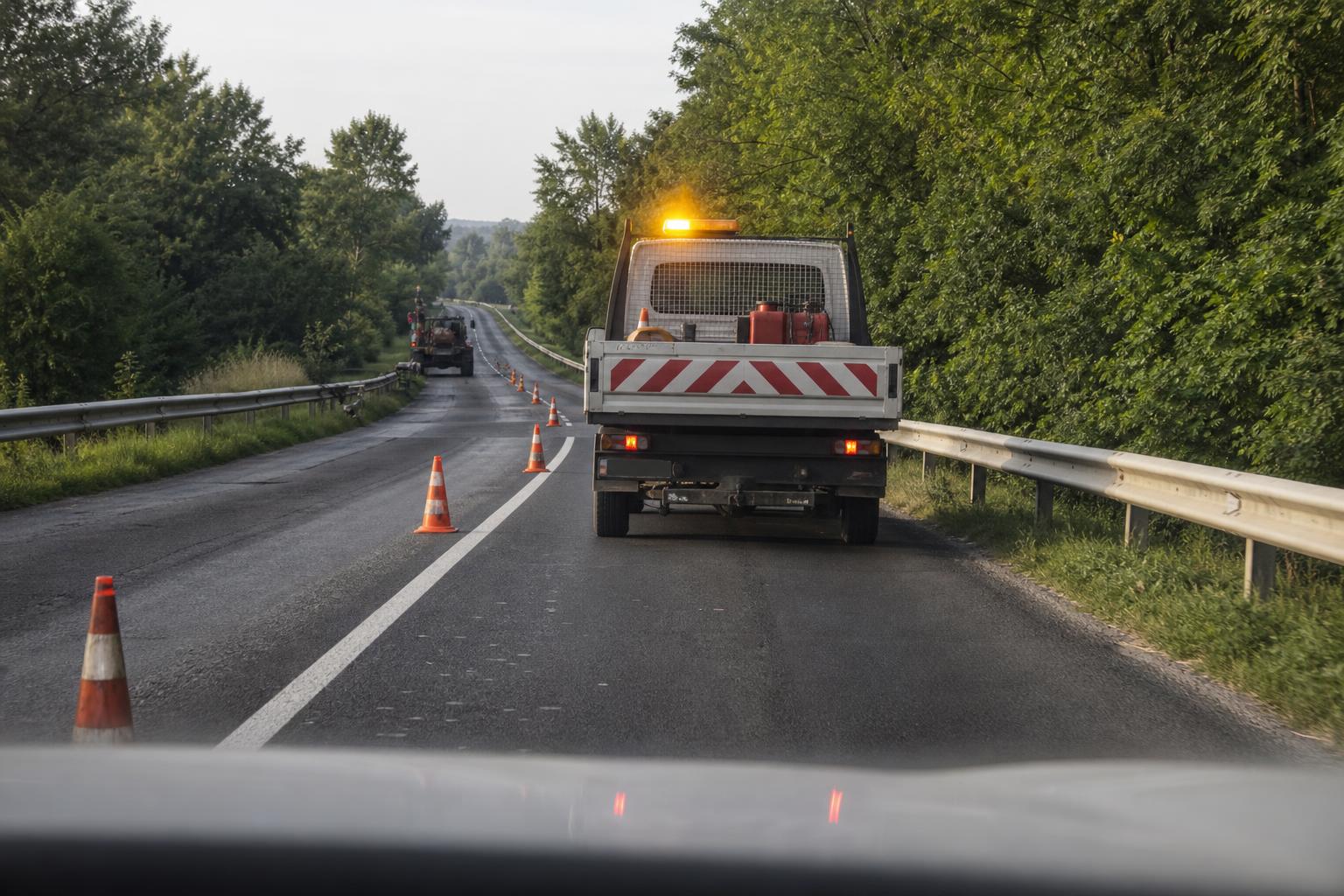 Útkarbantartó jármű sárga villogóval és terelőbójákkal részben lezárt útszakaszon