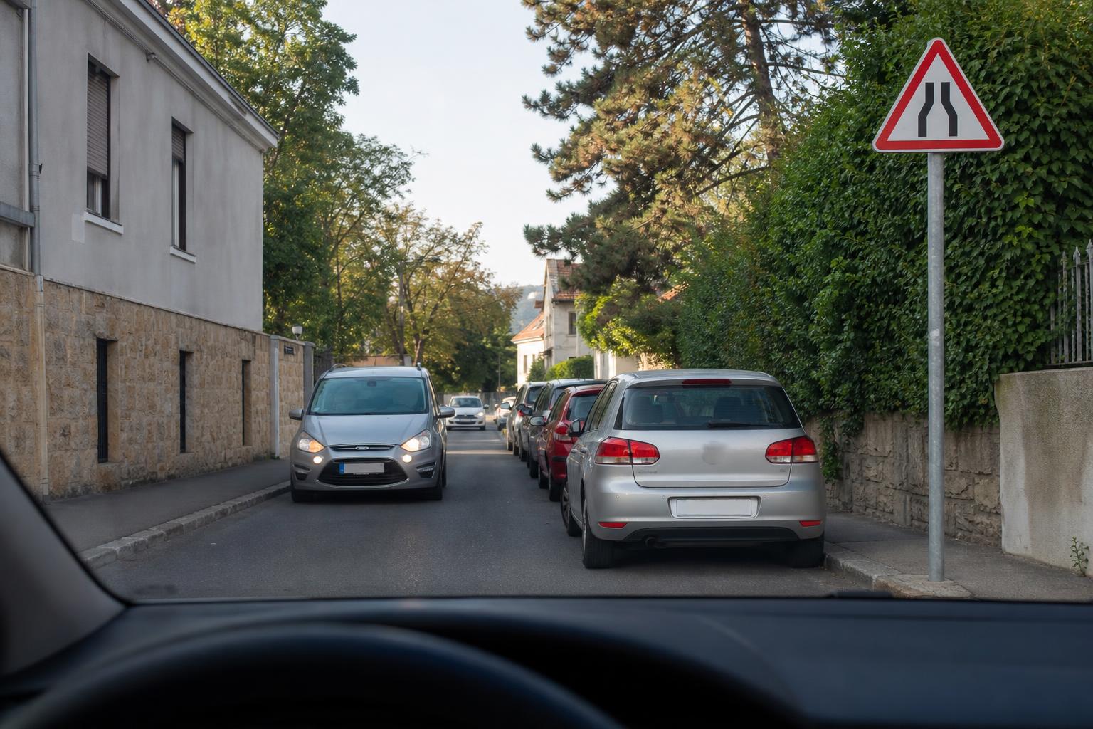 Útszűkület tábla elsőbbség nélkül egy keskeny úton, parkoló autókkal és szembejövő járművel
