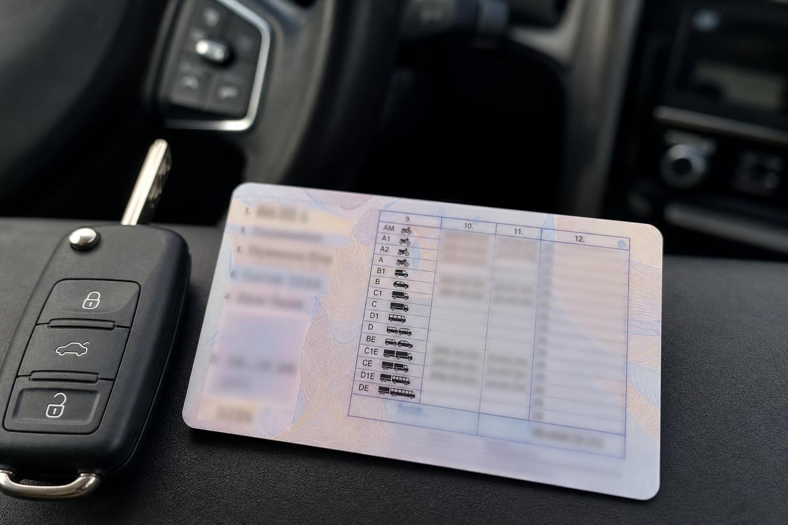 Jogosítvány hátoldala korlátozási kódokkal egy autókulcs és a kormány mellett