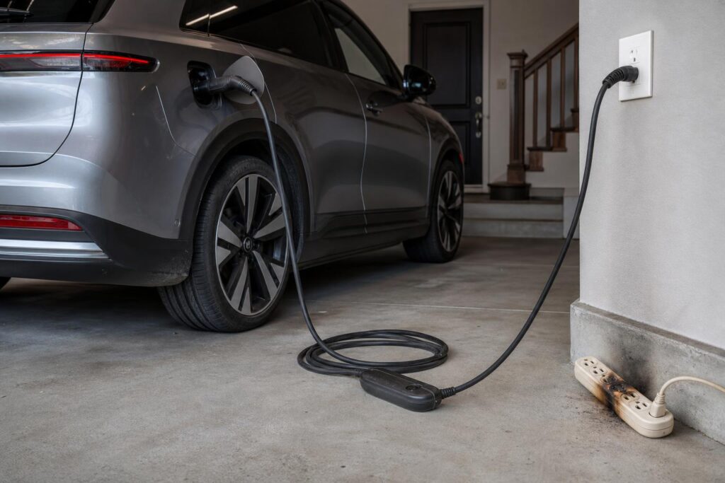 Rivian R1S otthoni töltése és egy túlterhelésre alkalmatlan elosztó