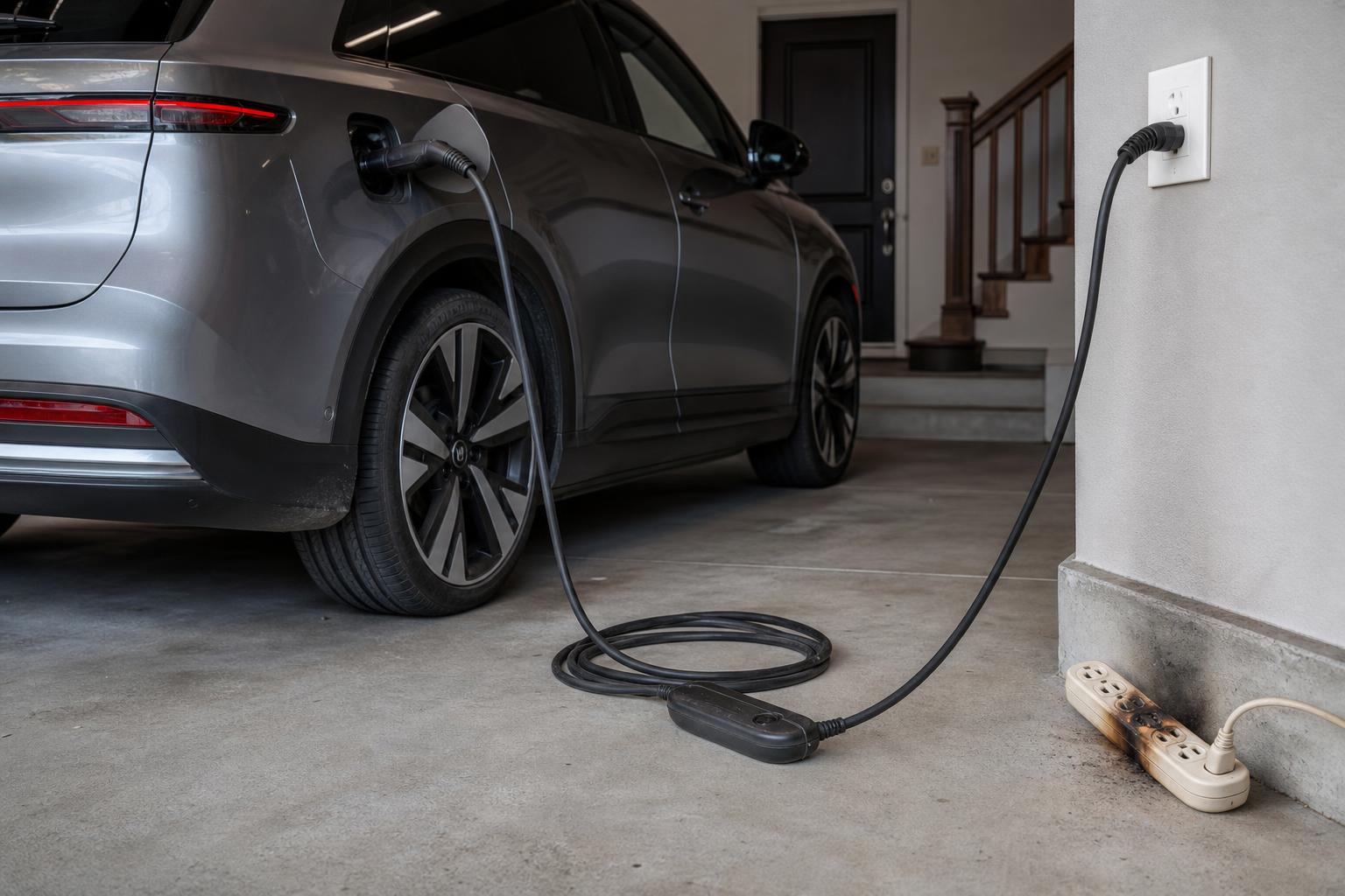 Rivian R1S otthoni töltése és egy túlterhelésre alkalmatlan elosztó